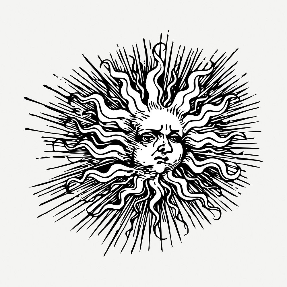 Ornate sun drawing clipart, celestial illustration psd. Free public domain CC0 image.