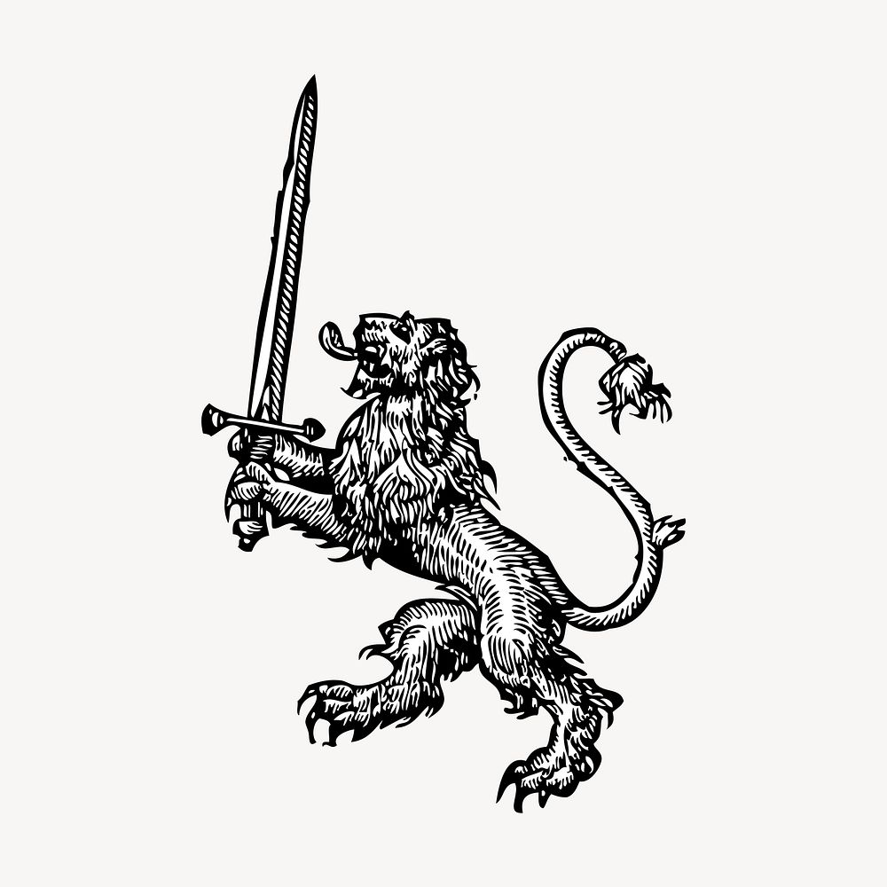 Heraldic lion with sword hand drawn clipart vector. Free public domain CC0 image.