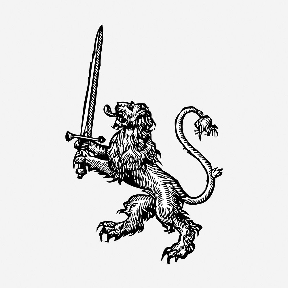 Heraldic lion with sword hand drawn illustration. Free public domain CC0 image.