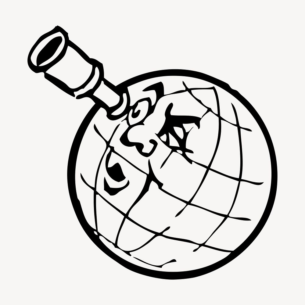 Globe cartoon hand drawn clipart, black and white illustration vector. Free public domain CC0 image.