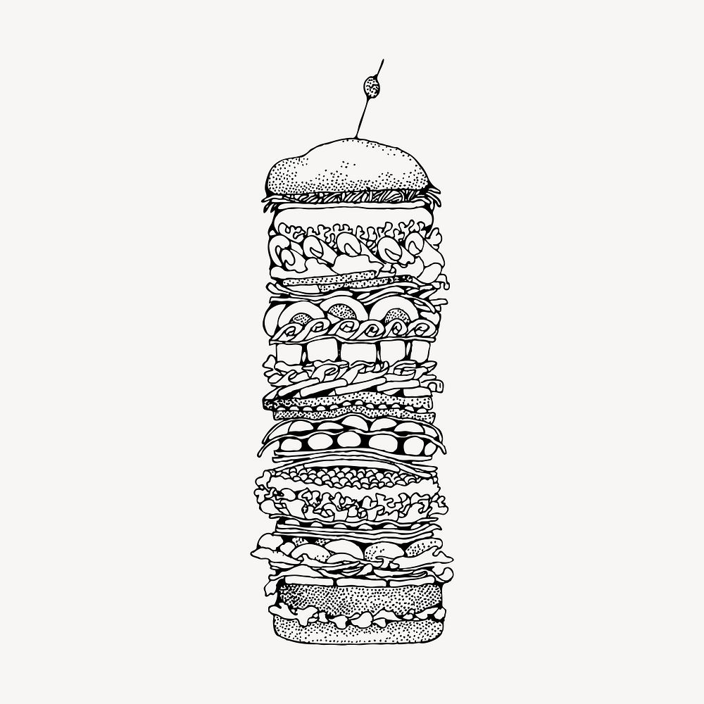 Tall hamburger hand drawn clipart, food illustration vector. Free public domain CC0 image.