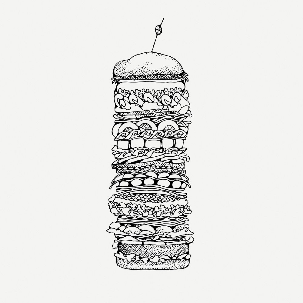 Tall hamburger drawing clipart, food  illustration psd. Free public domain CC0 image.