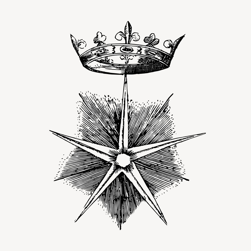Star emblem hand drawn clipart, crown illustration vector. Free public domain CC0 image.