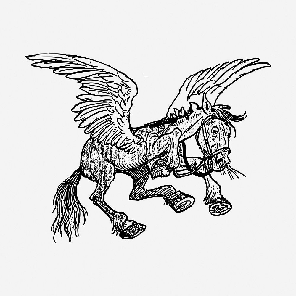 Pegasus cartoon hand drawn illustration. Free public domain CC0 image.