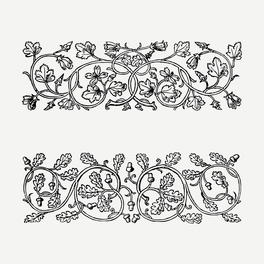Vintage floral dividers drawing clipart, bw illustration psd. Free public domain CC0 image.