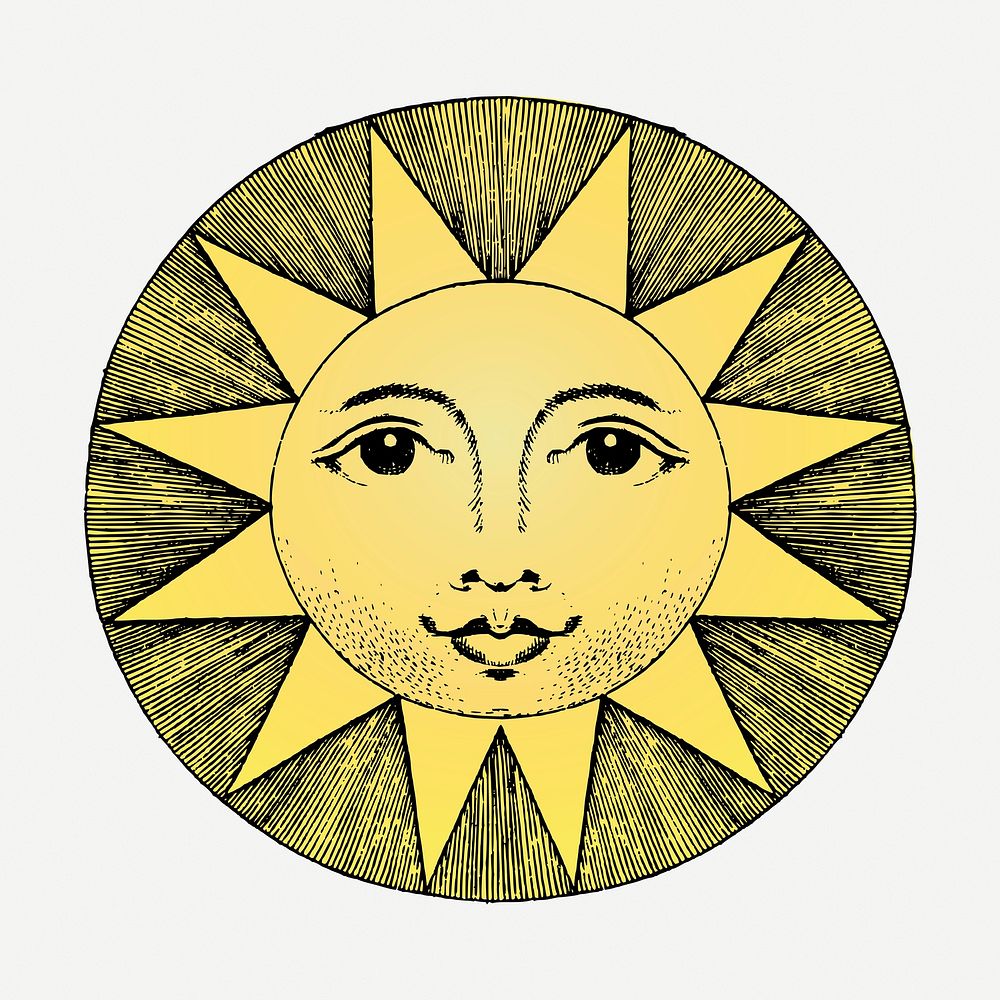 Smiling sun vintage clipart, celestial  illustration psd. Free public domain CC0 image.