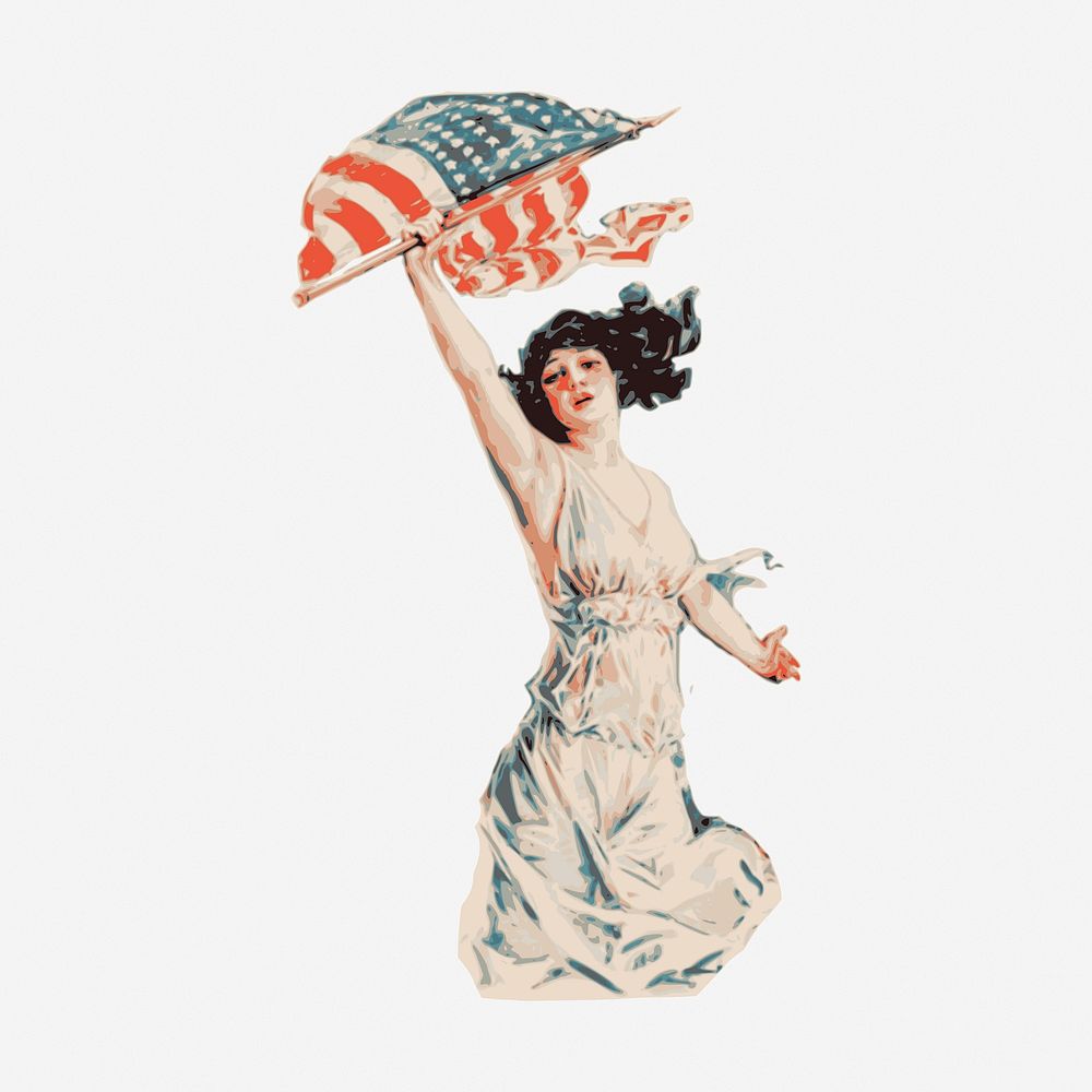 American flag, patriot lady illustration. Free public domain CC0 image.