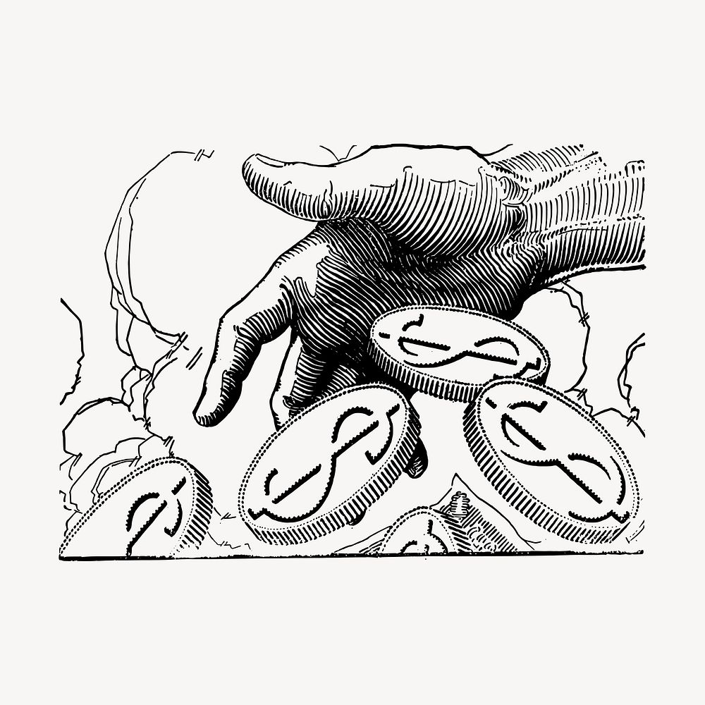 Hand with coins hand drawn clipart, business illustration vector. Free public domain CC0 image.