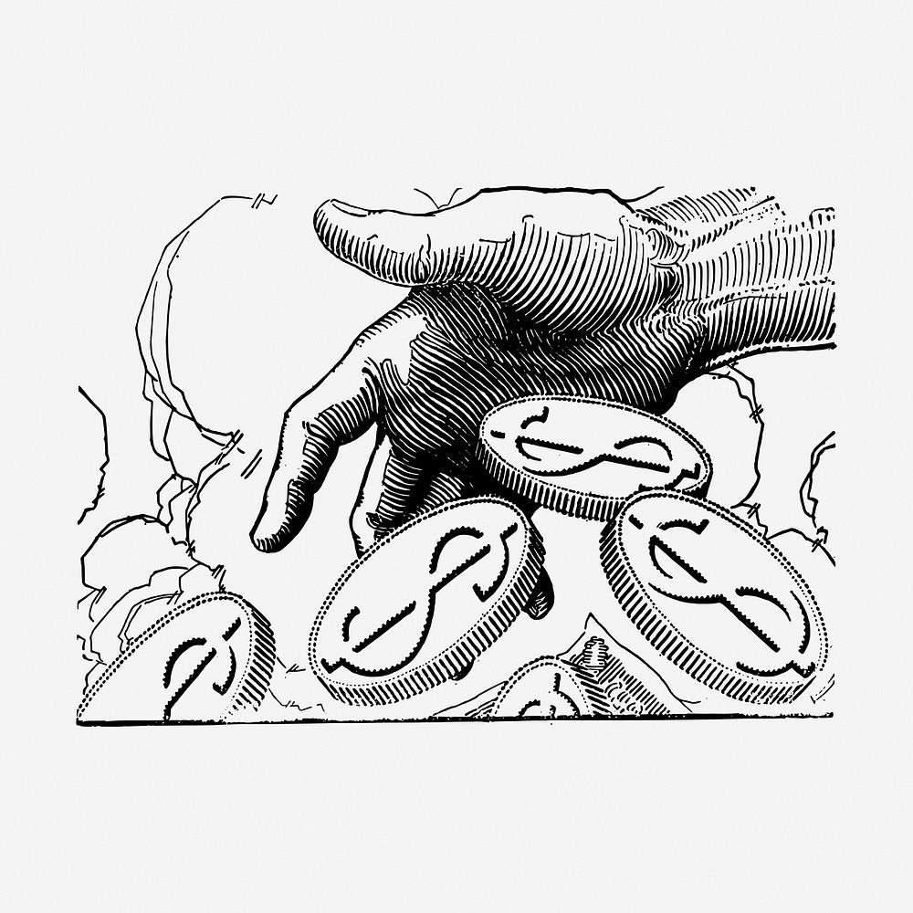Hand with coins hand drawn illustration. Free public domain CC0 image.