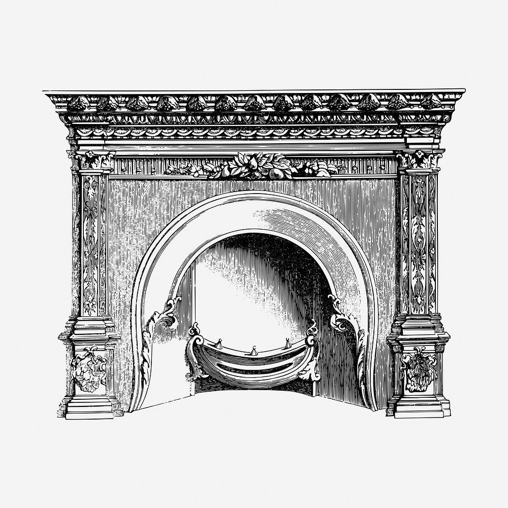 Antique fireplace hand drawn illustration. Free public domain CC0 image.