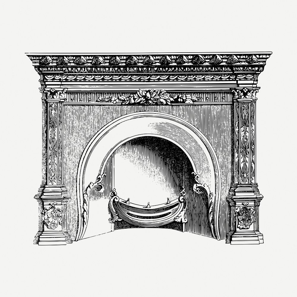 Antique fireplace drawing clipart, furniture illustration psd. Free public domain CC0 image.