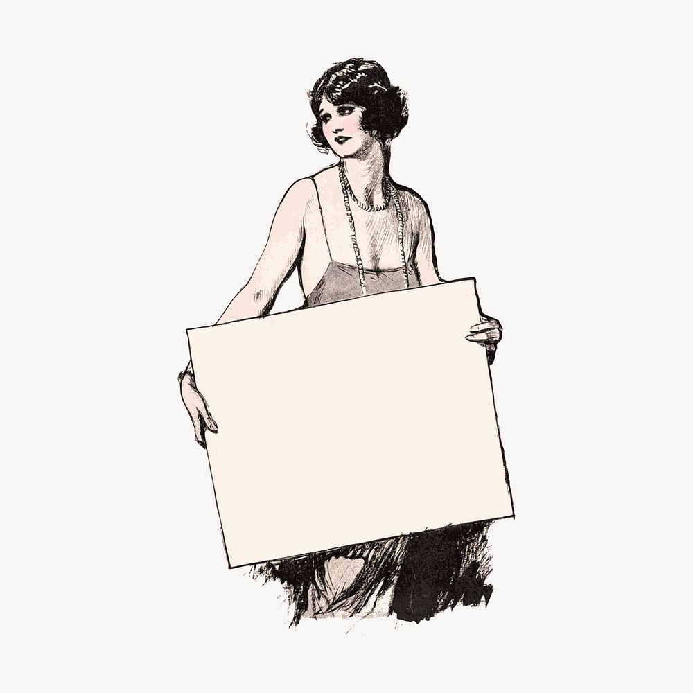 Woman holding blank sign clipart, vintage illustration vector. Free public domain CC0 image.