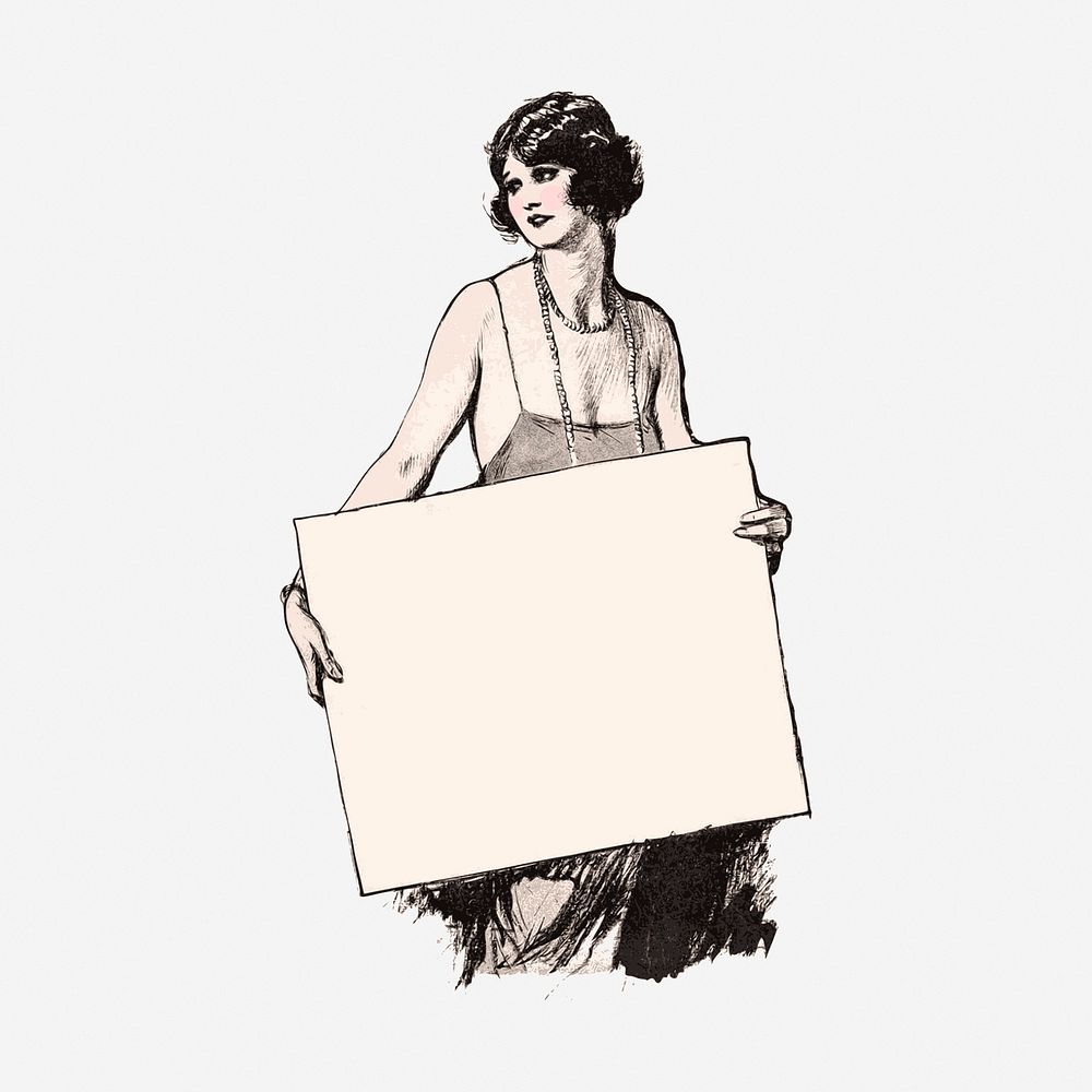 Woman holding blank sign illustration. Free public domain CC0 image.