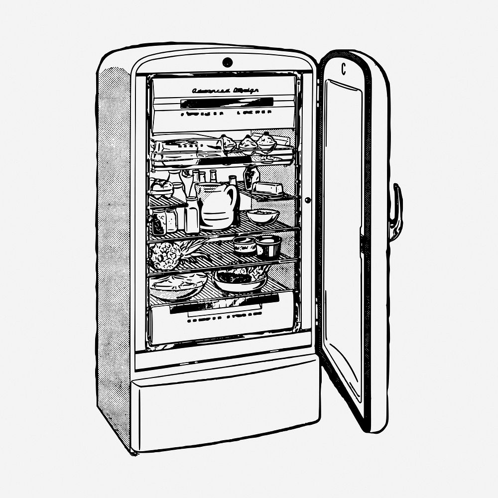 Vintage refrigerator hand drawn illustration. Free public domain CC0 image.