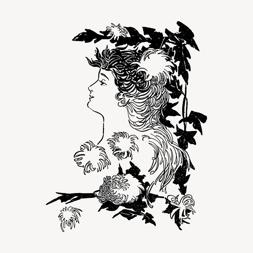 Woman hand drawn clipart, floral ornament illustration vector. Free public domain CC0 image.