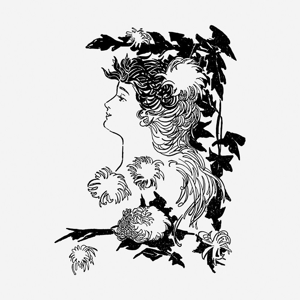 Woman, floral ornament hand drawn illustration. Free public domain CC0 image.