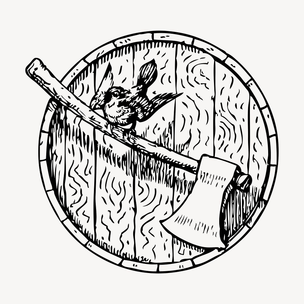 Bird hand drawn clipart, axe on barrelhead illustration vector. Free public domain CC0 image.