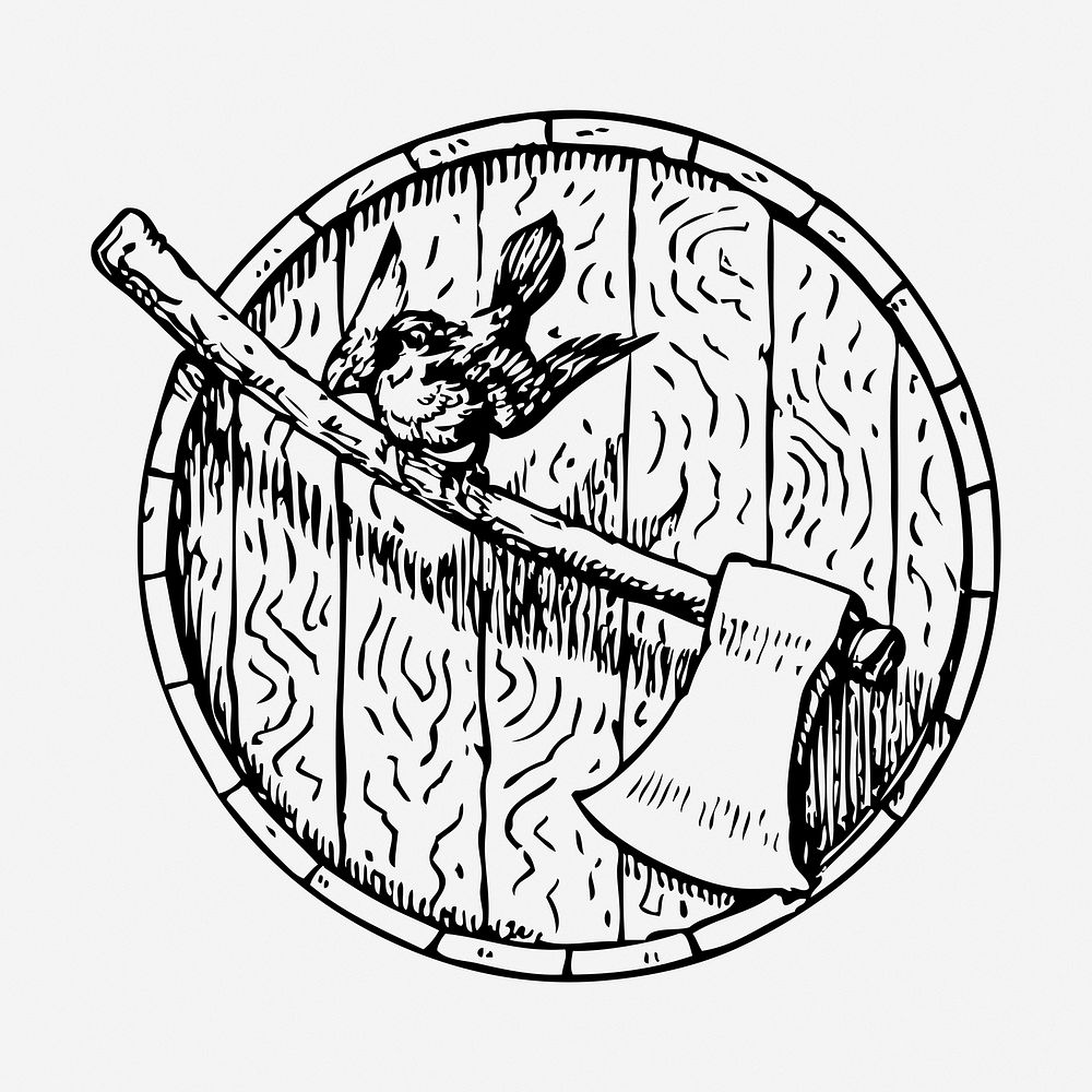 Bird hand drawn, axe on barrelhead illustration. Free public domain CC0 image.