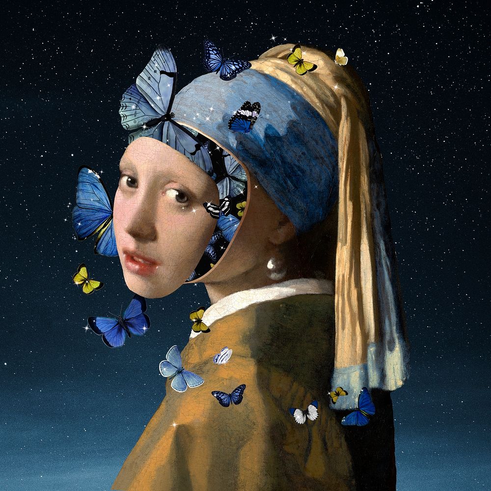 Girl with a Pearl Earring & butterfly remixed artwork, Johannes Vermeer-inspired aesthetic surreal illustration