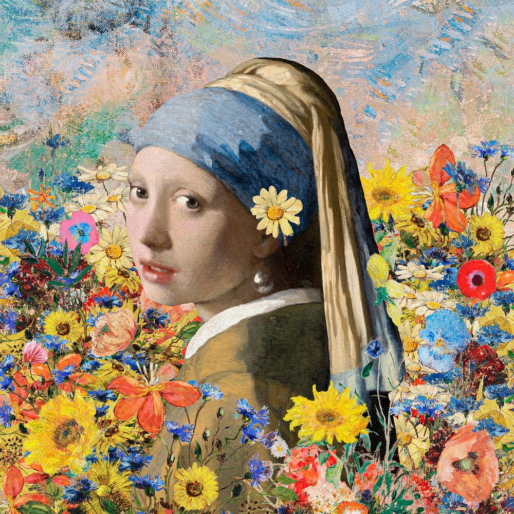 Girl with a Pearl Earring & daisy remixed floral collage, Johannes Vermeer & Odilon Redon-inspired aesthetic illustration