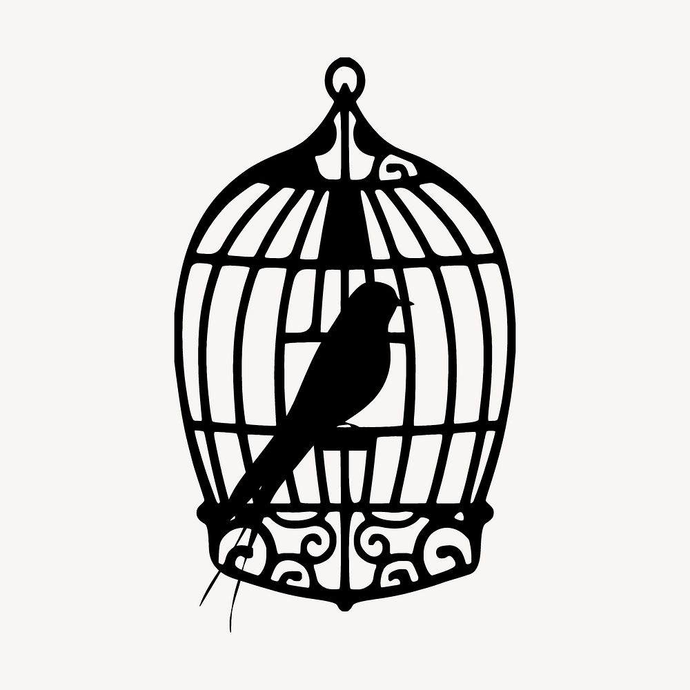 Caged bird  silhouette clipart, animal illustration in black vector. Free public domain CC0 image.