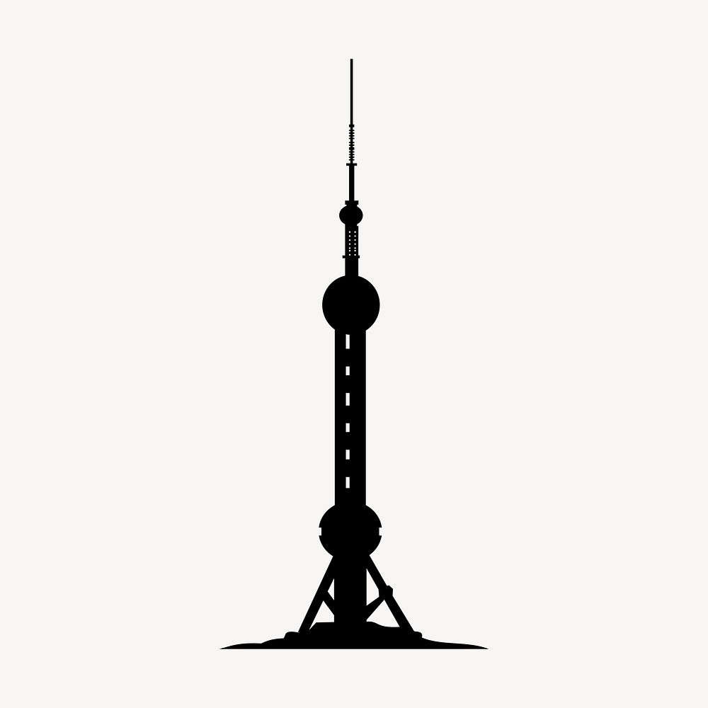 Oriental Pearl Tower silhouette clipart, Chinese landmark illustration in black. Free public domain CC0 image.