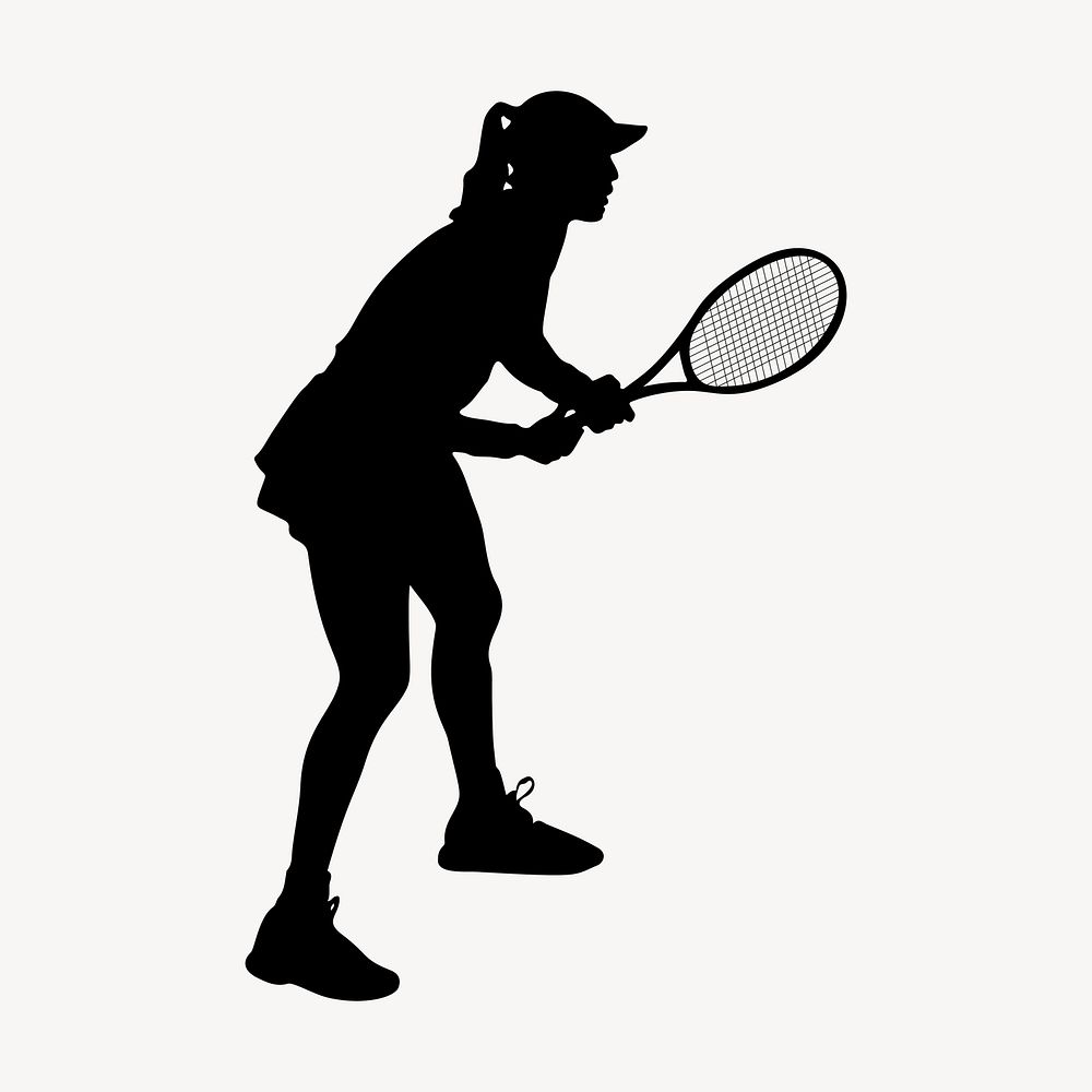Female tennis player silhouette clipart, sport illustration in black vector. Free public domain CC0 image.