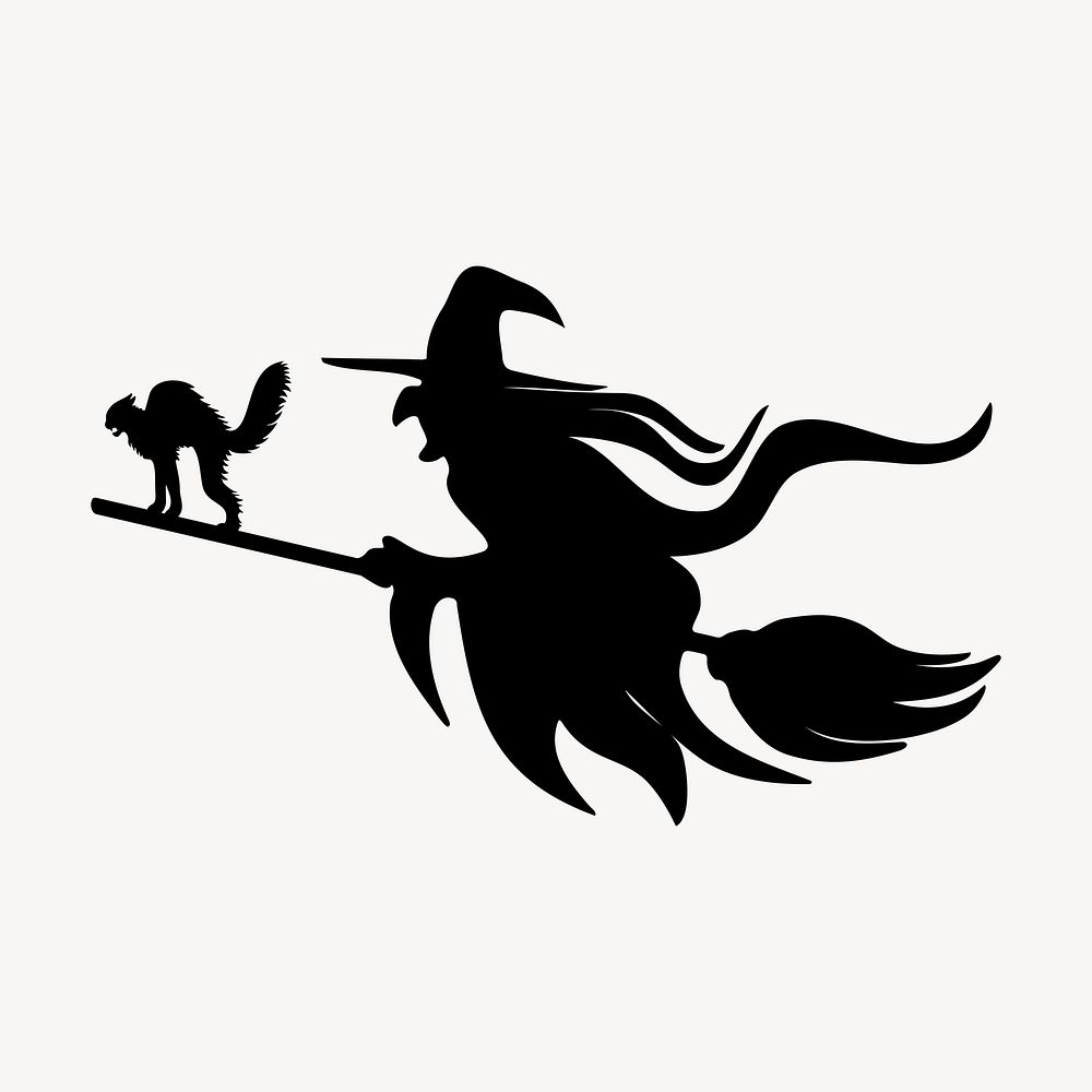 Flying witch silhouette clipart, Halloween illustration in black. Free public domain CC0 image.