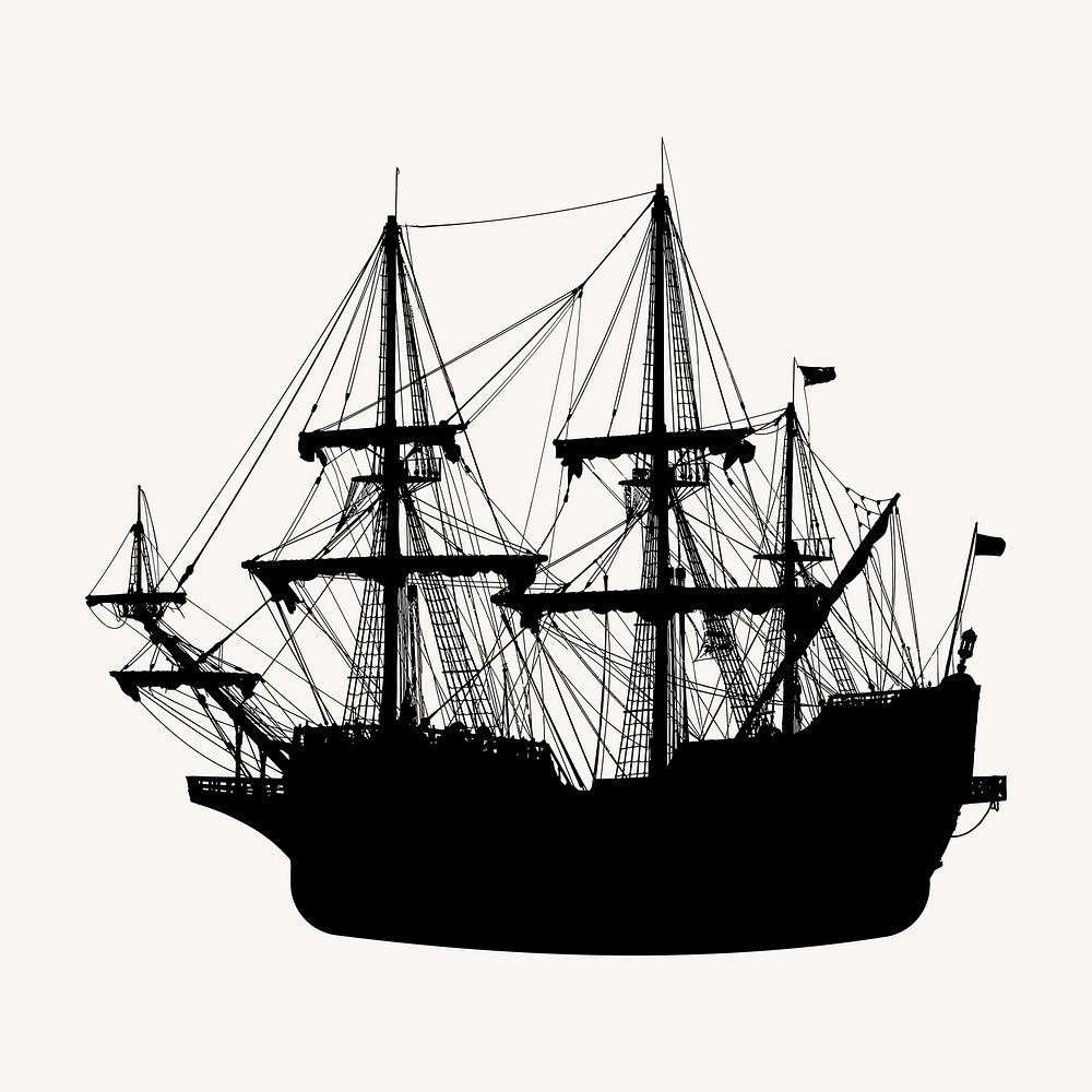 Vintage sailing ship silhouette clipart, vehicle illustration in black vector. Free public domain CC0 image.