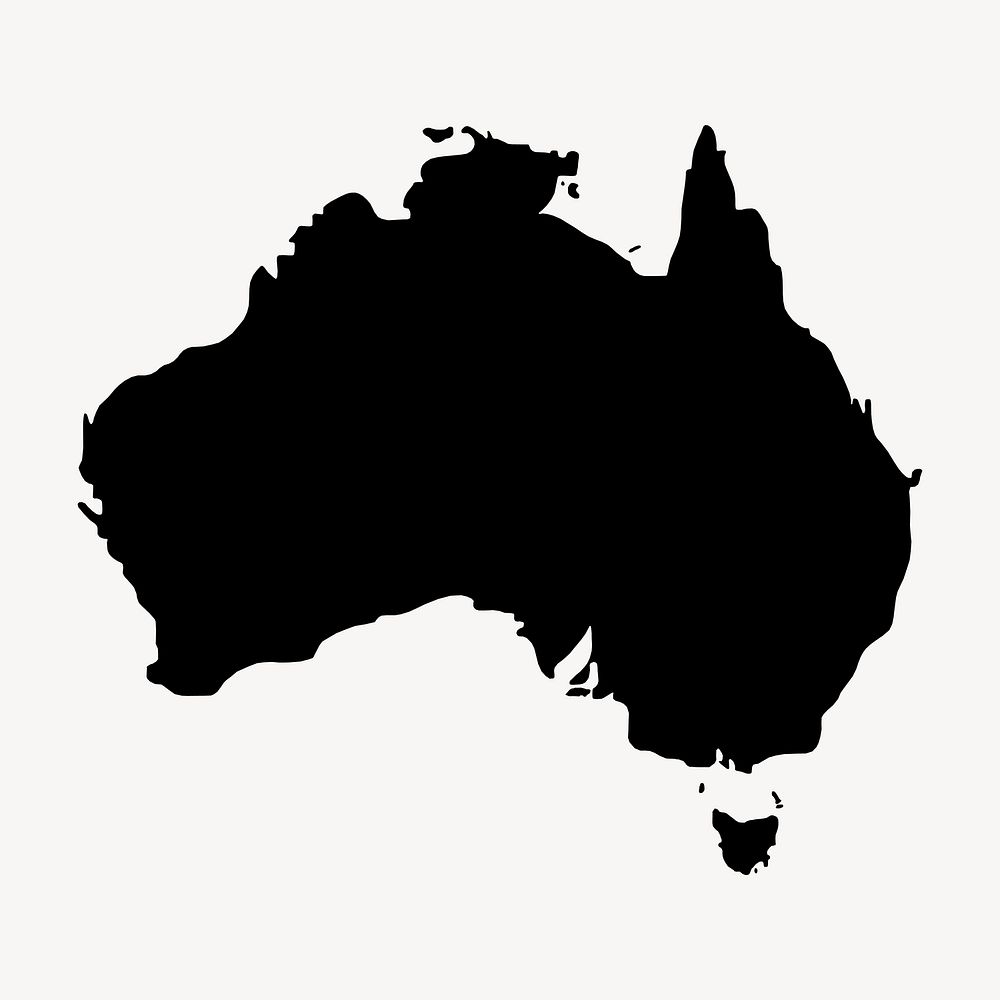 Australia map silhouette clipart, travel illustration in black. Free public domain CC0 image.