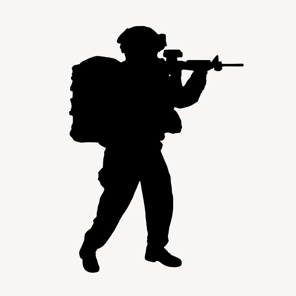 Soldier pointing gun silhouette clipart, military illustration in black vector. Free public domain CC0 image.
