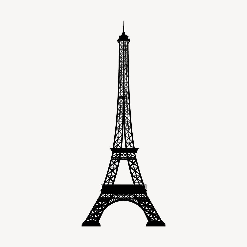 Eiffel Tower silhouette clipart, Paris landmark illustration in black. 