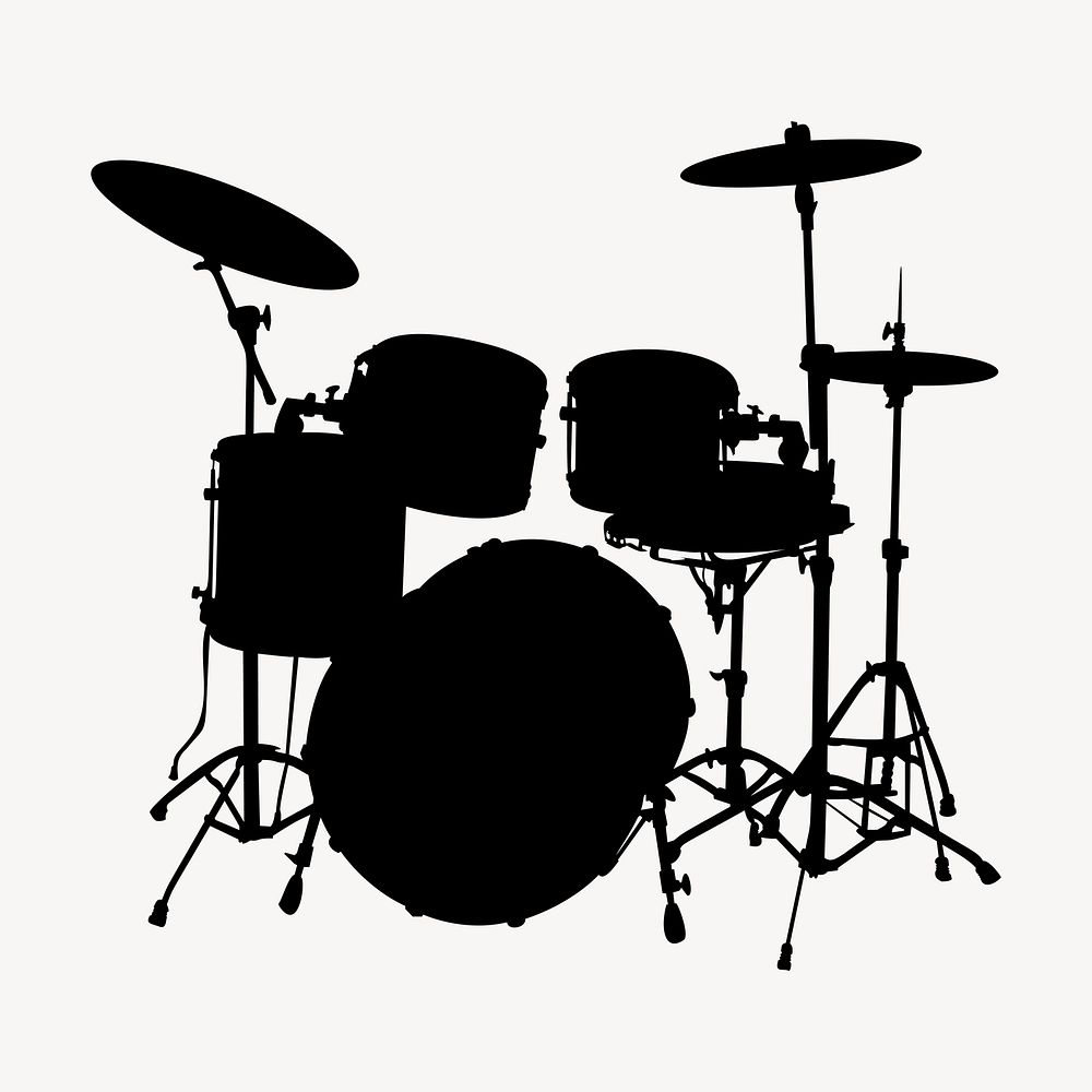 Drum kit silhouette clipart, musical instrument illustration in black vector. Free public domain CC0 image.