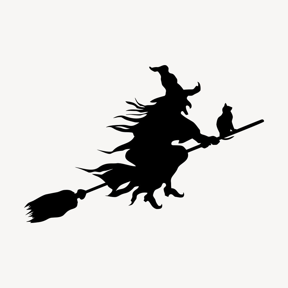 Flying witch silhouette clipart, Halloween illustration in black vector. Free public domain CC0 image.
