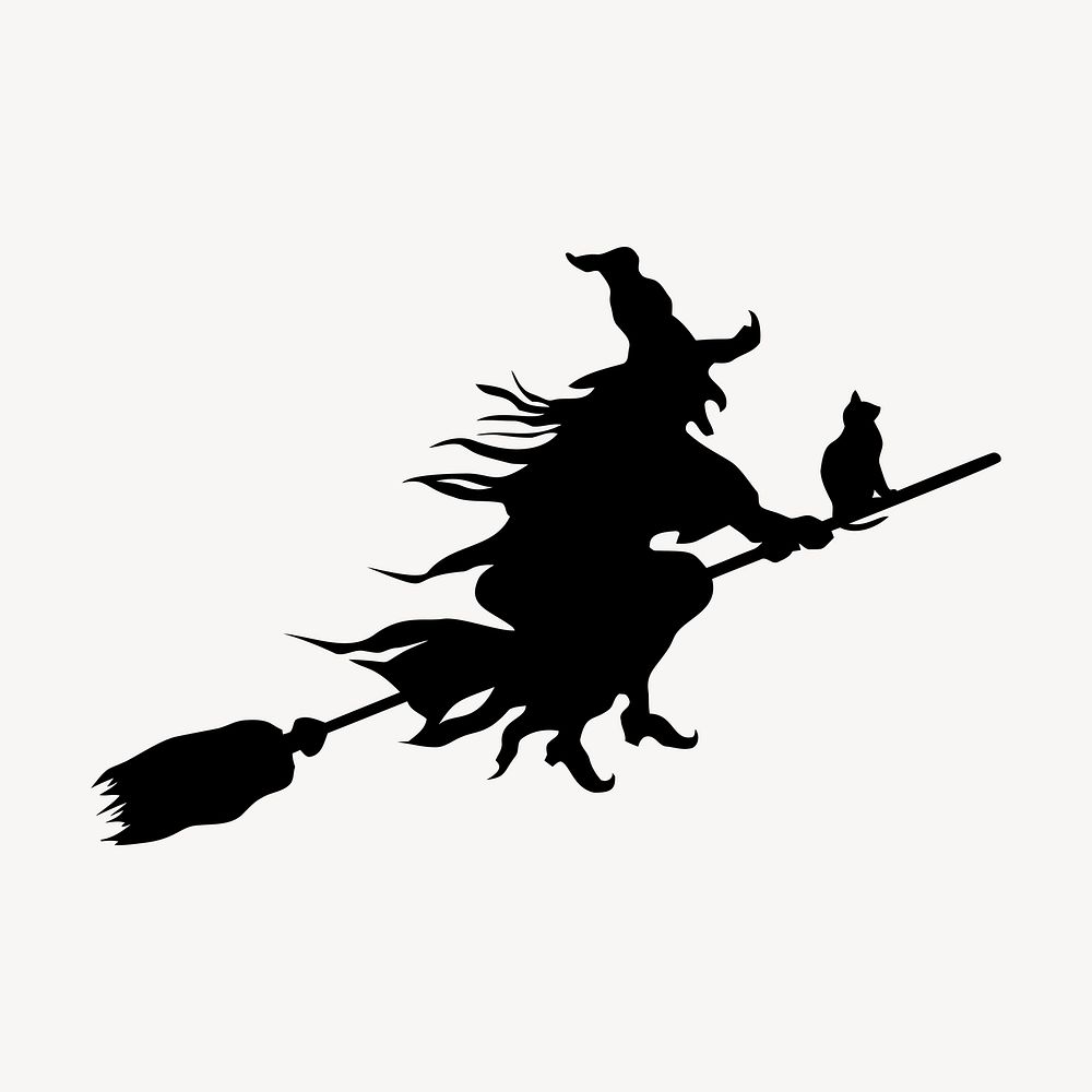 Flying witch silhouette clipart, Halloween illustration in black. Free public domain CC0 image.