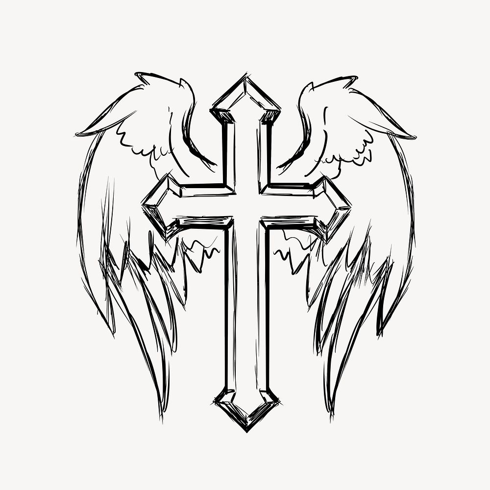 Winged Christian cross clipart drawing. Free public domain CC0 image.