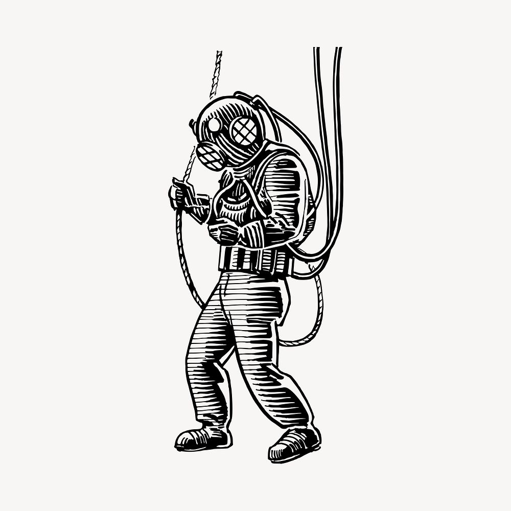 Deep sea diver clipart, vintage drawing vector. Free public domain CC0 image.