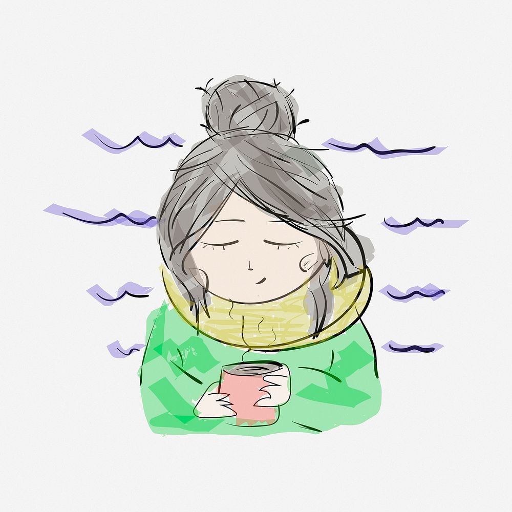 Girl in winter hand drawn illustration. Free public domain CC0 image.
