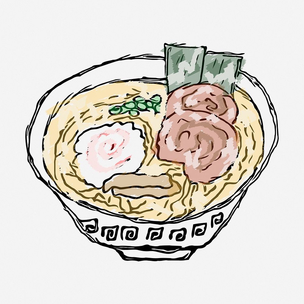 Ramen noodle bowl hand drawn illustration. Free public domain CC0 image.