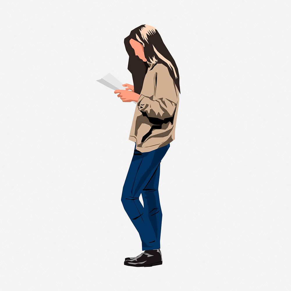 Woman reading paper clipart illustration. Free public domain CC0 image.