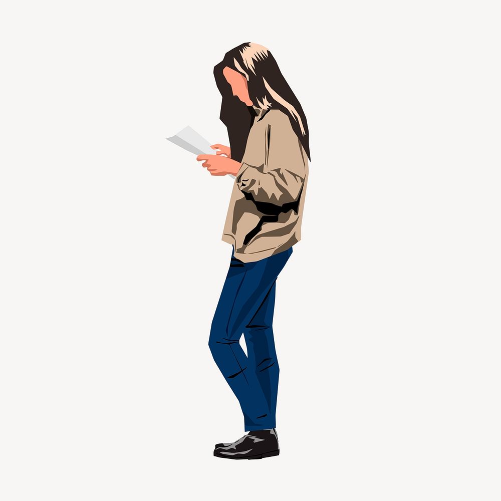 Woman reading paper clipart, illustration vector. Free public domain CC0 image.