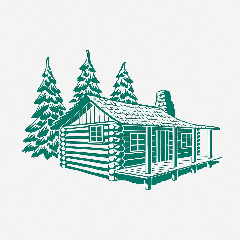 Cabin in woods, nature illustration. Free public domain CC0 image.