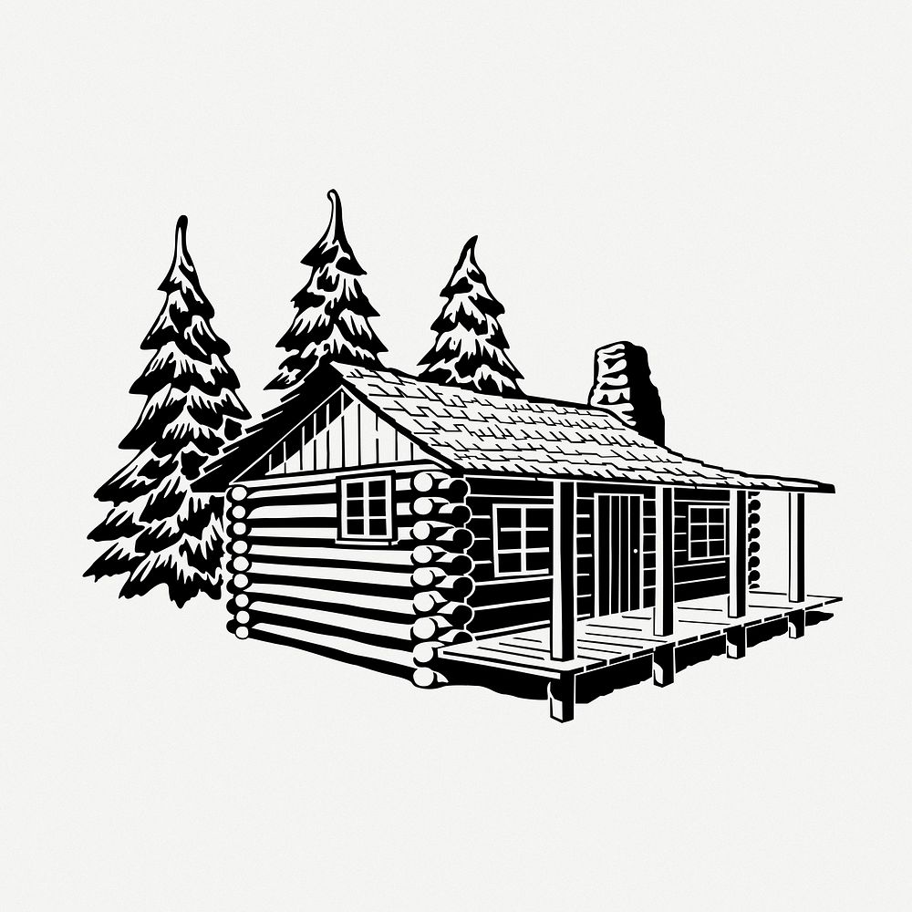 Cabin in woods illustration psd. Free public domain CC0 image.
