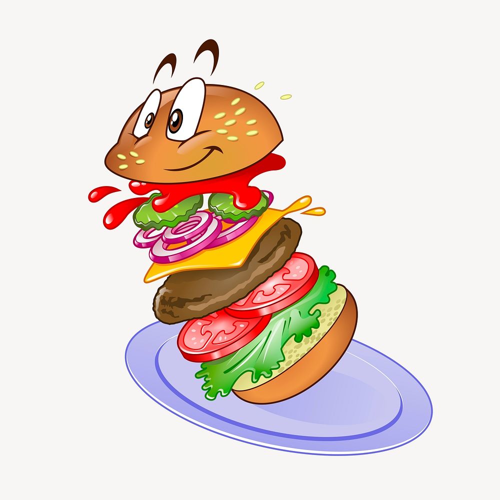 Cartoon hamburger character clipart, food illustration vector. Free public domain CC0 image.