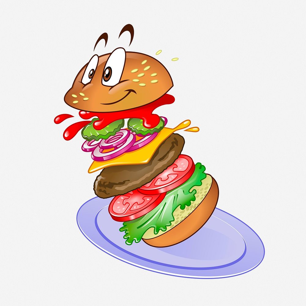 Cartoon hamburger character clipart illustration. Free public domain CC0 image.