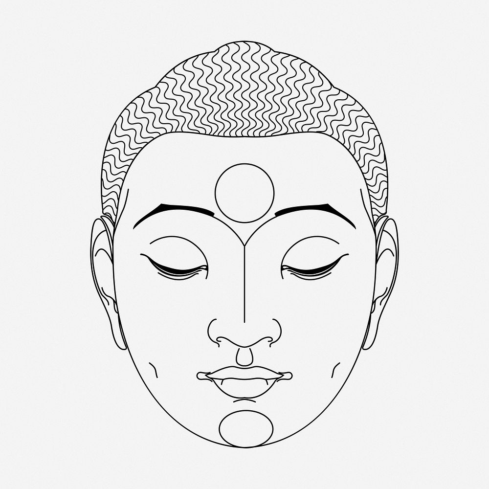 Buddha head line art, religious hand drawn illustration. Free public domain CC0 image.