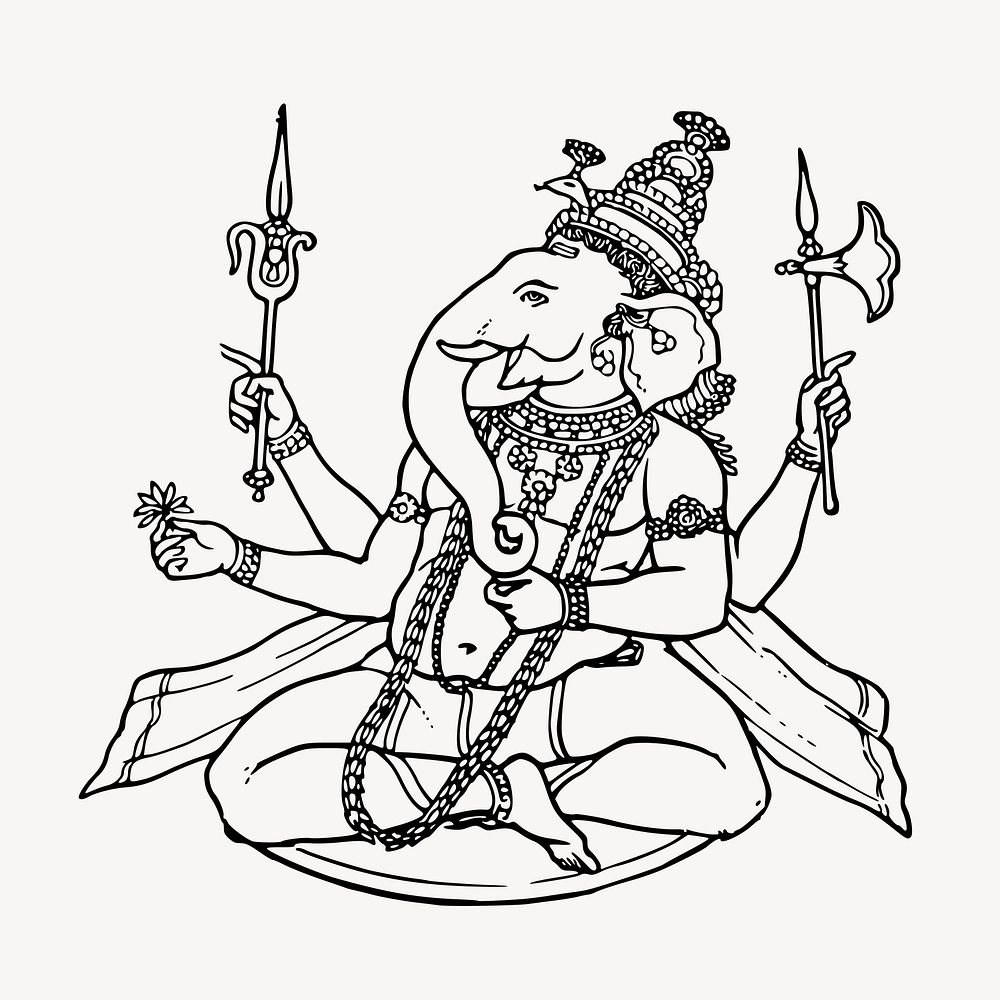 Ganesh Hindu god line art, religious illustration vector. Free public domain CC0 image.