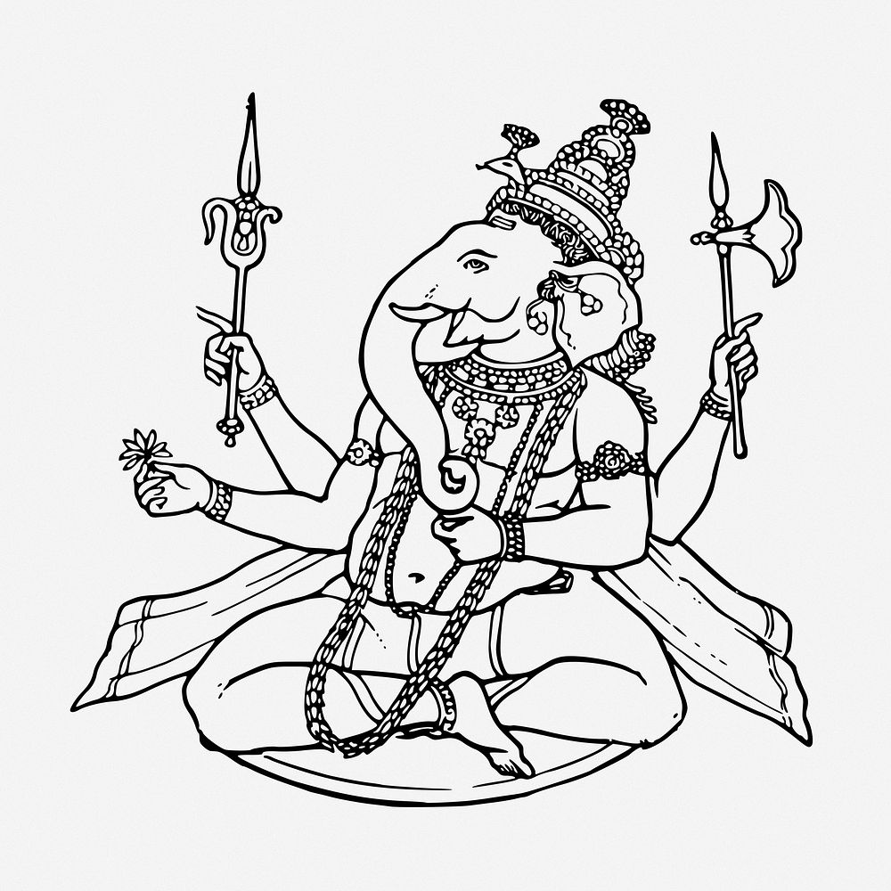 Ganesh Hindu god line art, religious and drawn illustration. Free public domain CC0 image.