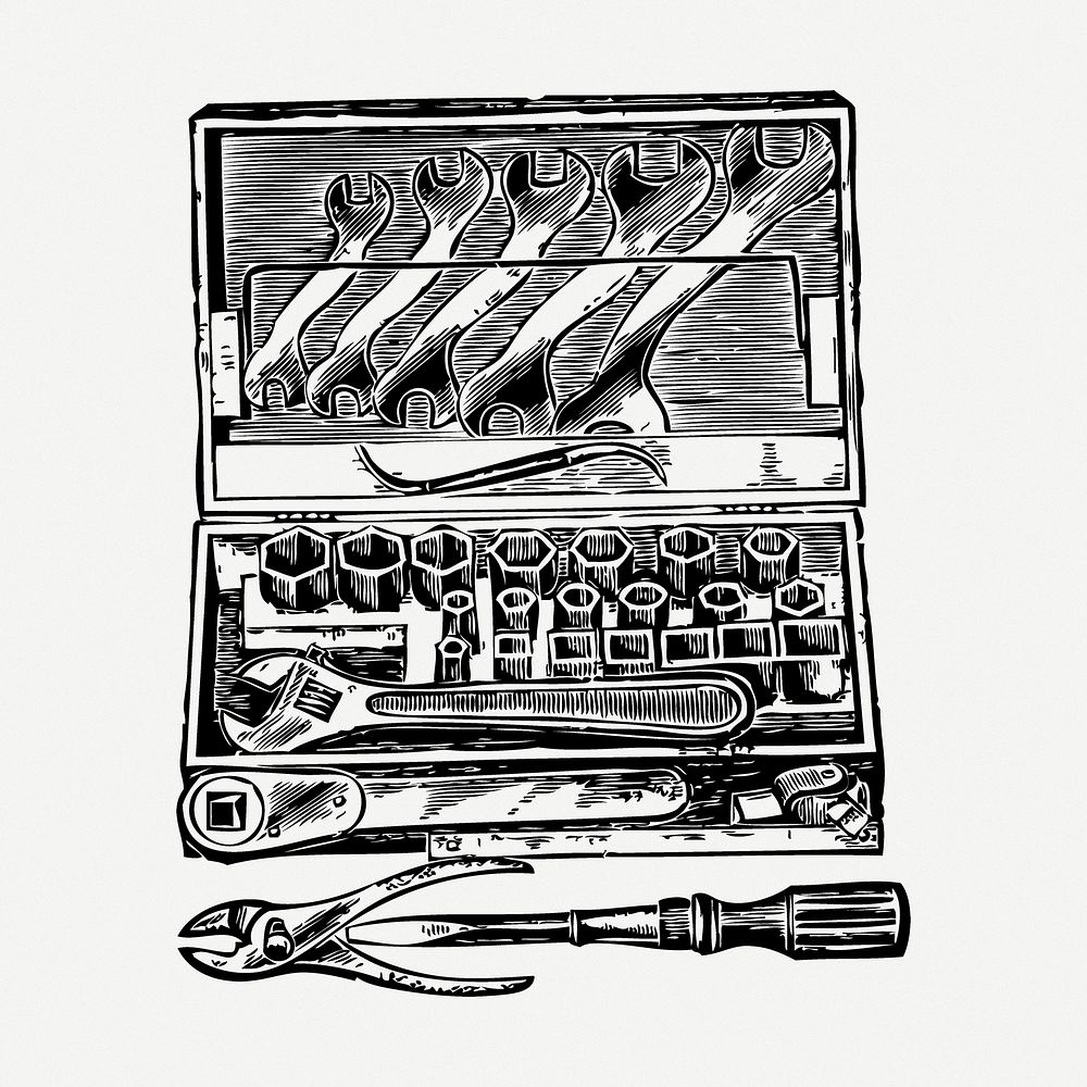 Tool box drawing, object vintage illustration psd. Free public domain CC0 image.
