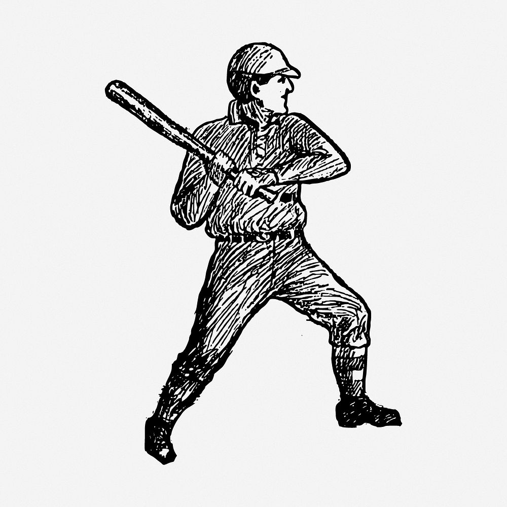 Baseball batter drawing, sport vintage illustration. Free public domain CC0 image.